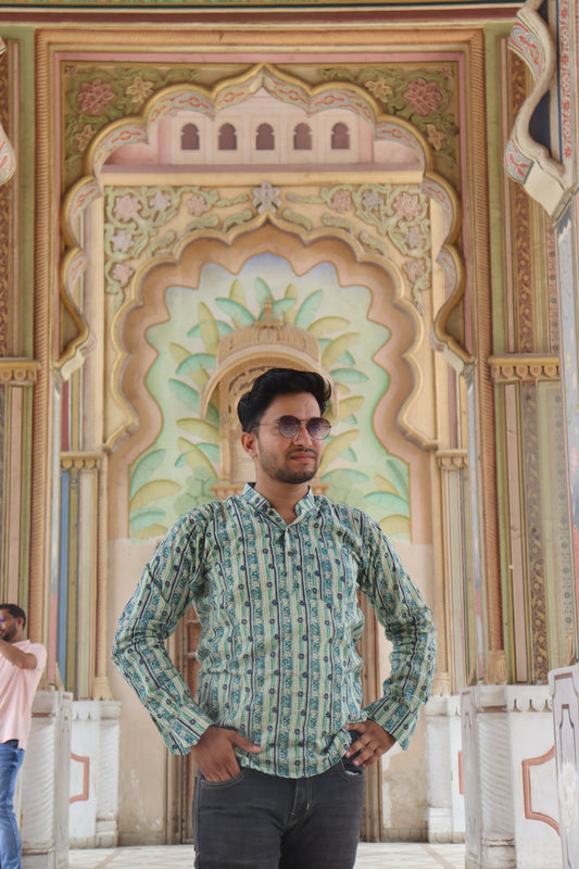 Jaipuri ~ Mint Green Vertical Floral Block Print Short Kurta