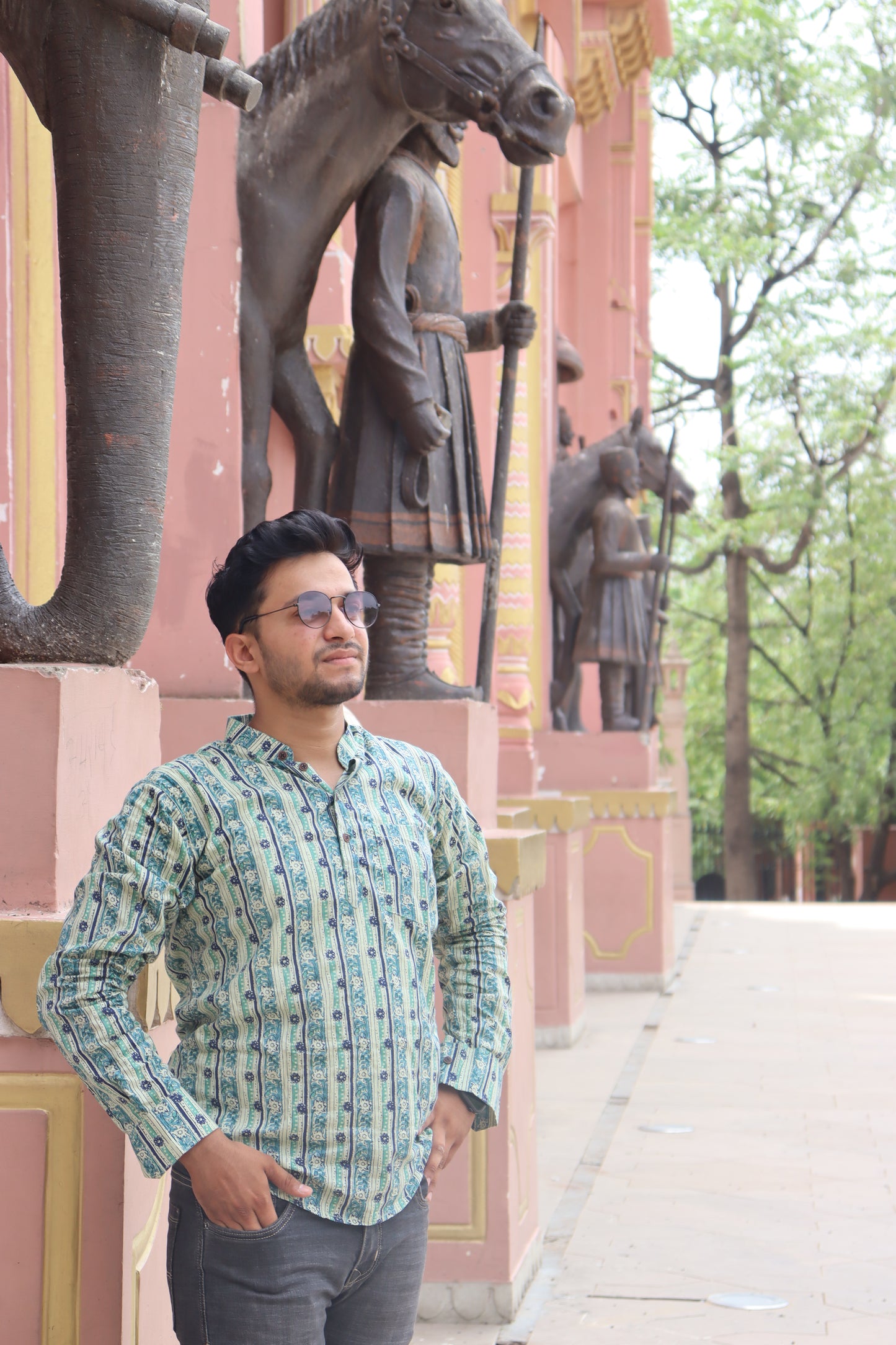 Jaipuri ~ Mint Green Vertical Floral Block Print Short Kurta