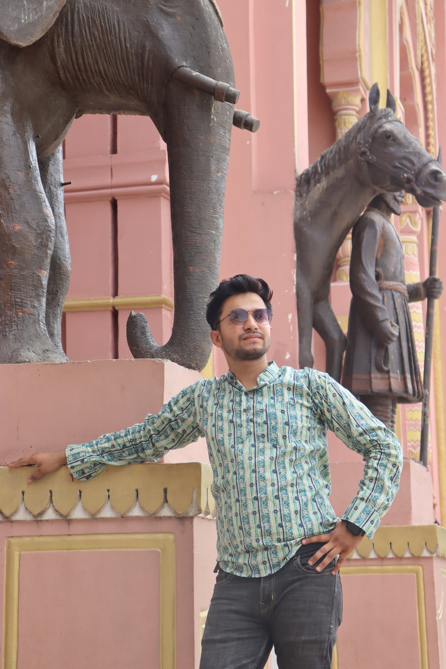 Jaipuri ~ Mint Green Vertical Floral Block Print Short Kurta