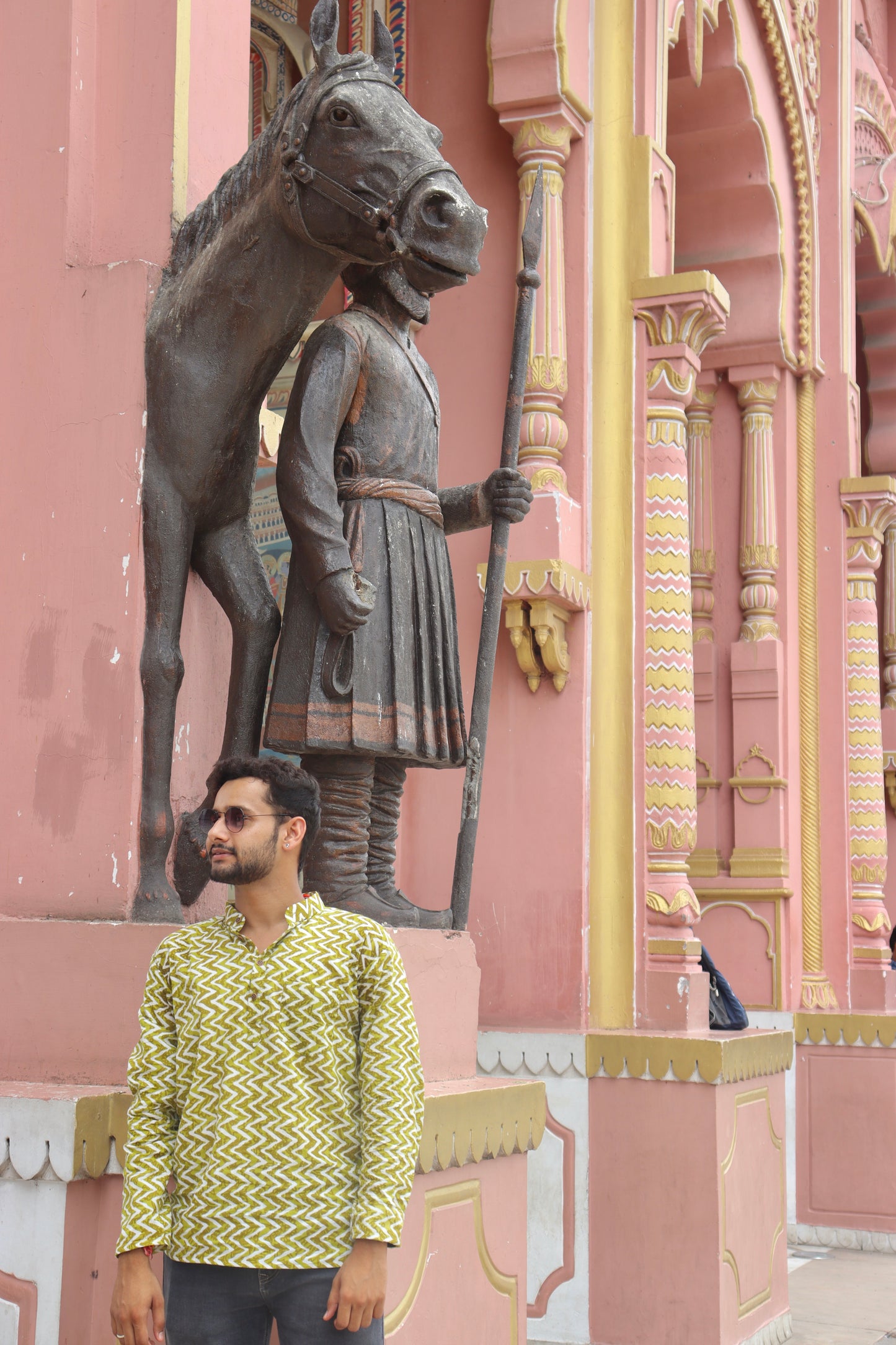 Olive Green Zigzag Printed Cotton Kurta ~ Sanganeri