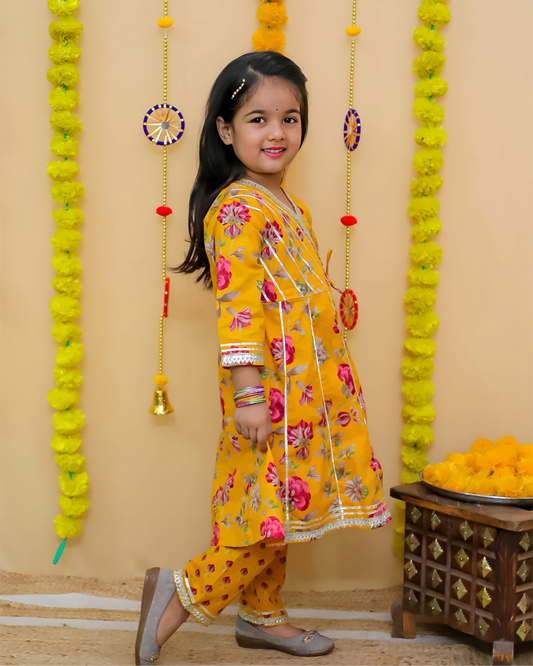 Girls Yellow Floral Anarkali Kurta Set with Pant – Ethnic Wear for Kids