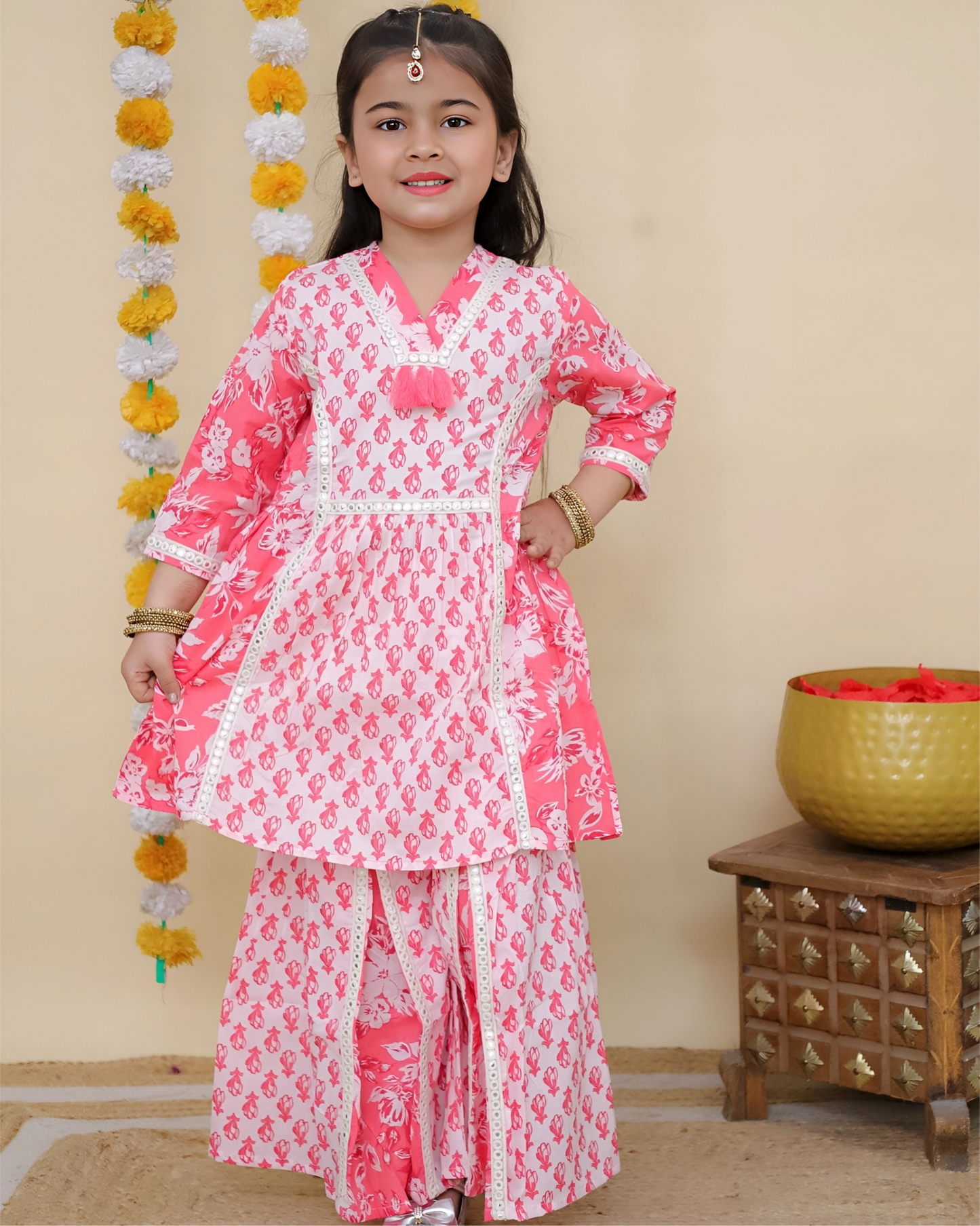 Girls Pink Printed Kurta with Sharara Set – Traditional Ethnic Wear for Kids
