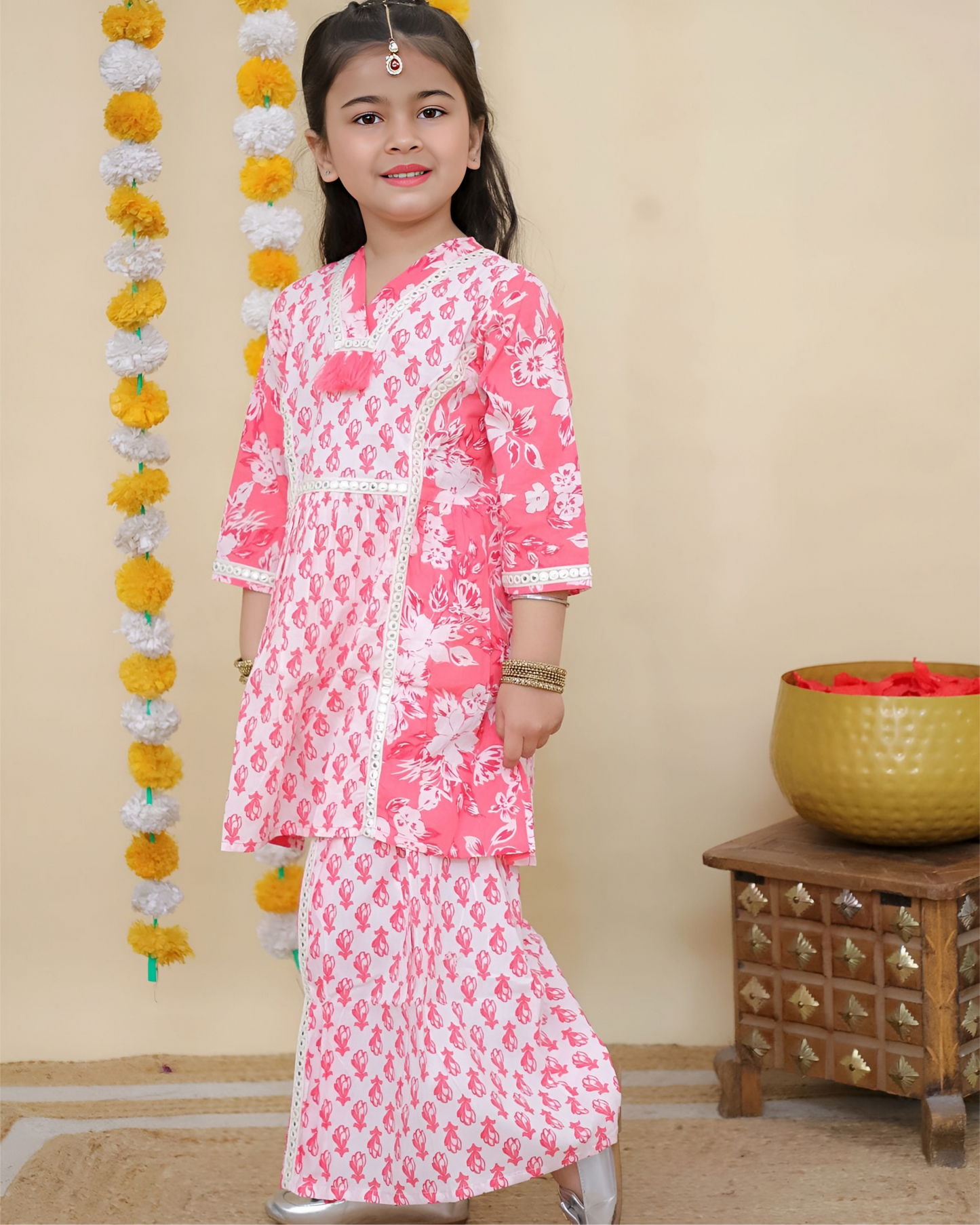 Girls Pink Printed Kurta with Sharara Set – Traditional Ethnic Wear for Kids