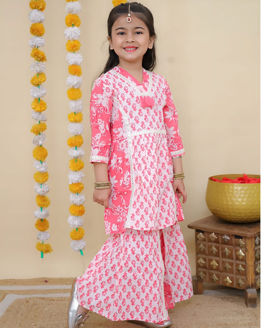 Girls Pink Printed Kurta with Sharara Set – Traditional Ethnic Wear for Kids
