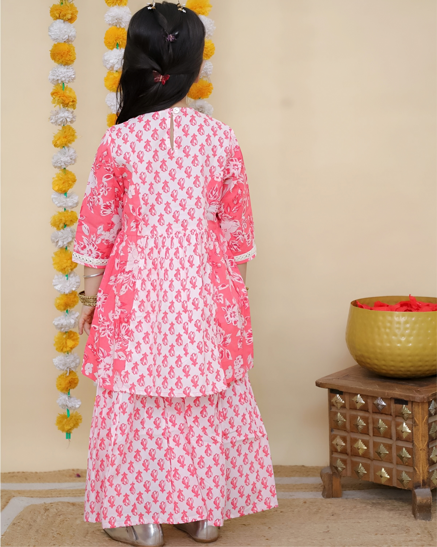 Girls Pink Printed Kurta with Sharara Set – Traditional Ethnic Wear for Kids