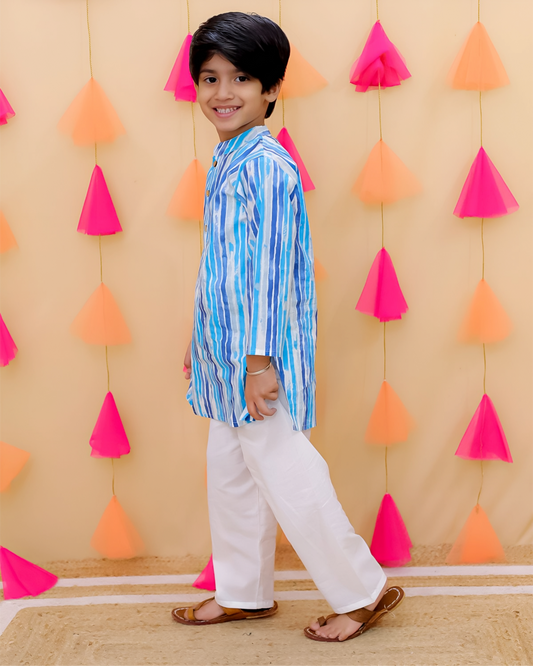 Boys Blue Striped Kurta with White Pajama – Festive & Traditional Wear Set