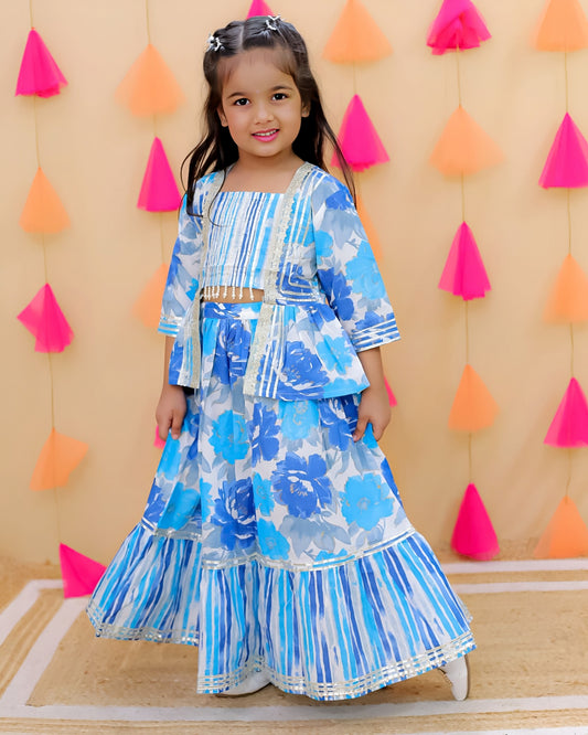 Girls Blue Floral Printed Lehenga Choli Set with Jacket – Festive Ethnic Wear
