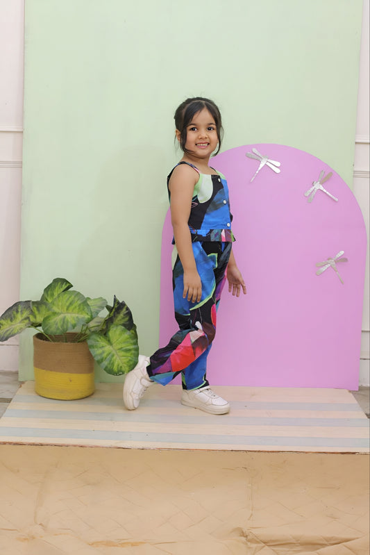 Girls Multicolor Abstract Print Sleeveless Jumpsuit – Casual Wear for Kids
