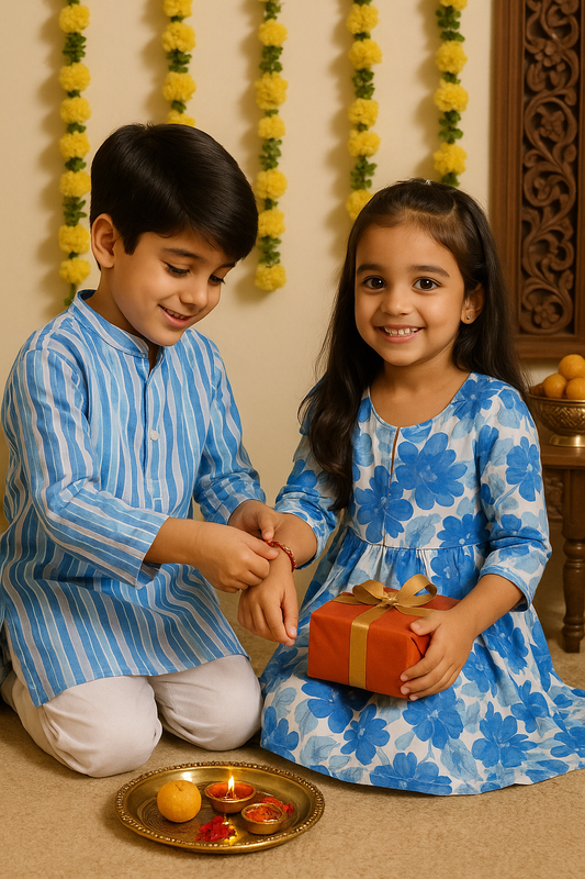 Festive Blue Sibling Outfit Set ~ Boys Kurta Pajama & Girls Lehenga Choli Combo