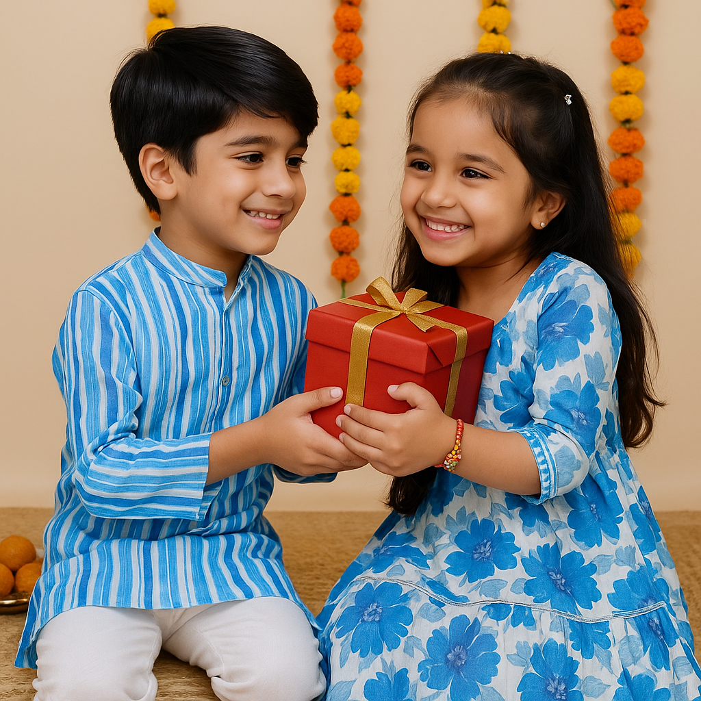 Festive Blue Sibling Outfit Set ~ Boys Kurta Pajama & Girls Lehenga Choli Combo