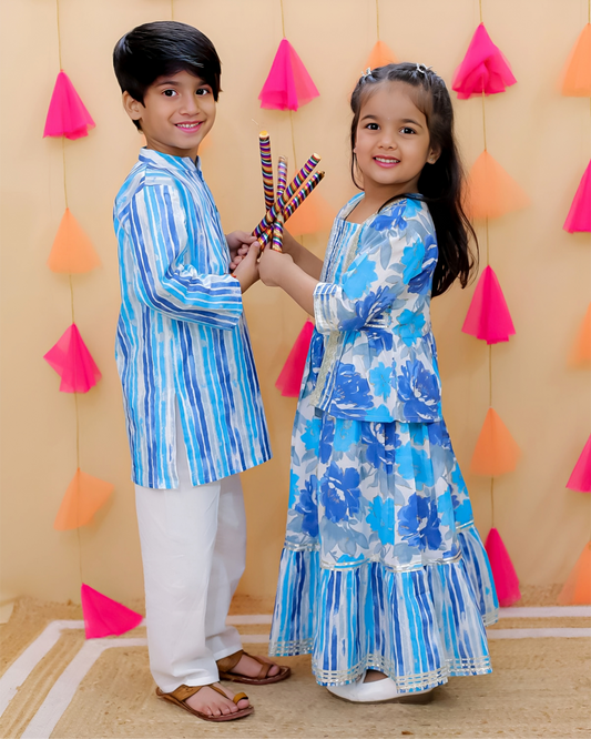 Festive Blue Sibling Outfit Set ~ Boys Kurta Pajama & Girls Lehenga Choli Combo