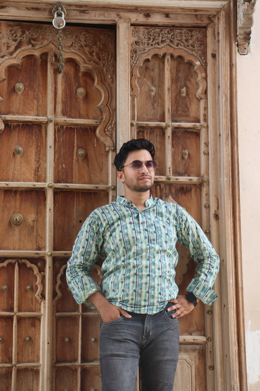 Jaipuri ~ Mint Green Vertical Floral Block Print Short Kurta