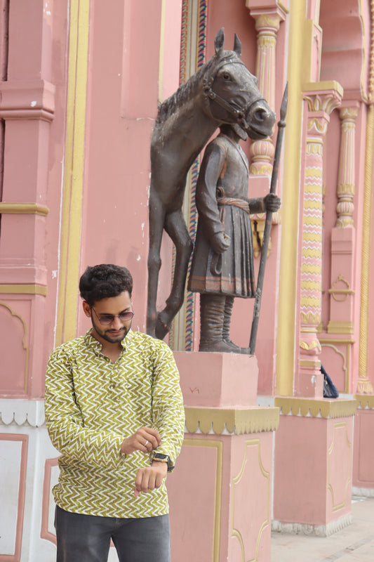 Olive Green Zigzag Printed Cotton Kurta ~ Sanganeri
