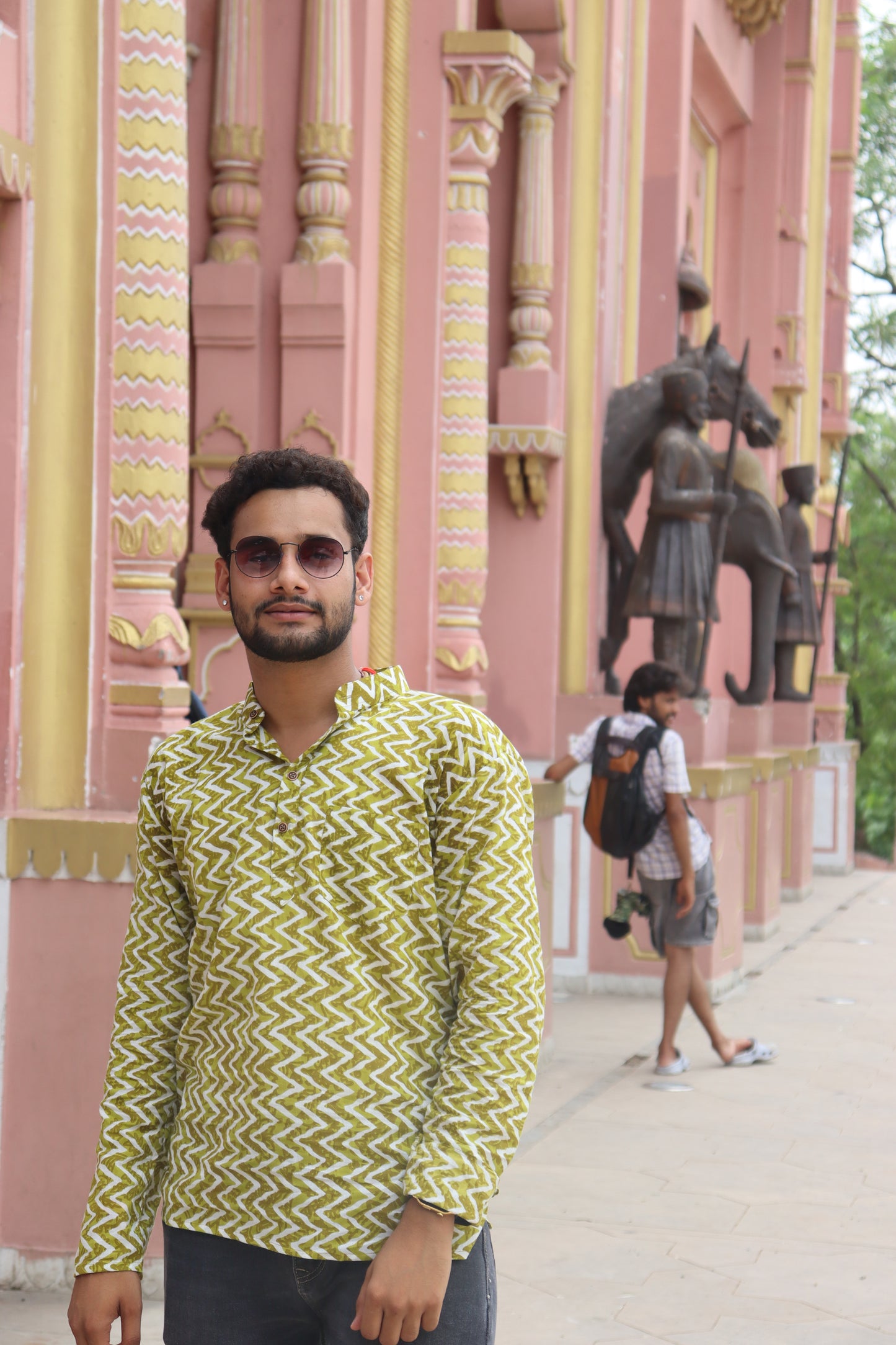 Olive Green Zigzag Printed Cotton Kurta ~ Sanganeri