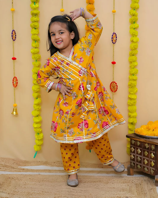 Girls Yellow Floral Anarkali Kurta Set with Pant – Ethnic Wear for Kids