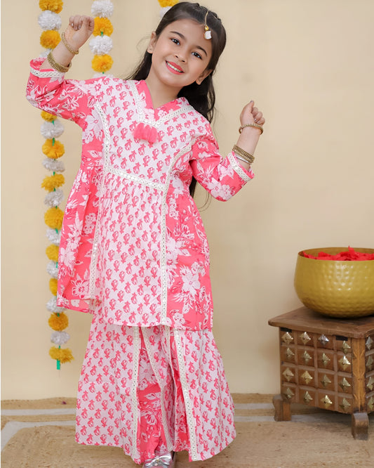 Girls Pink Printed Kurta with Sharara Set – Traditional Ethnic Wear for Kids