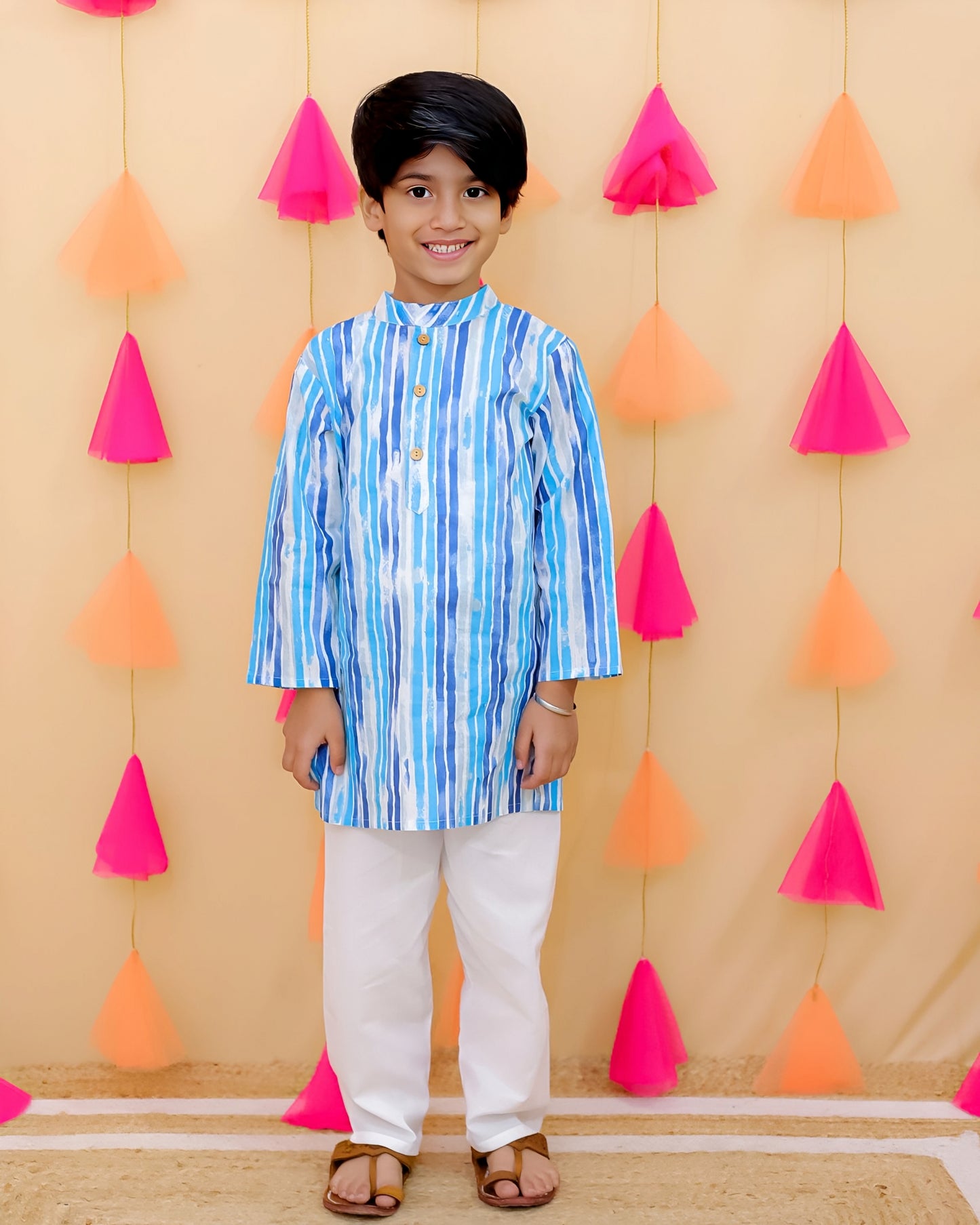 Boys Blue Striped Kurta with White Pajama – Festive & Traditional Wear Set