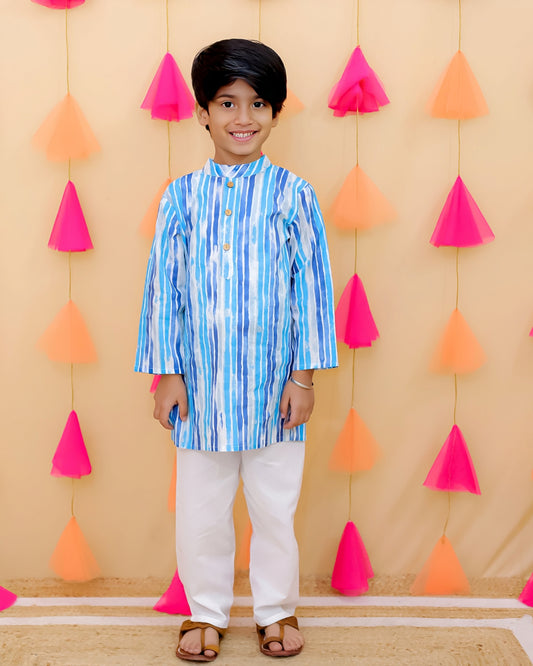 Boys Blue Striped Kurta with White Pajama – Festive & Traditional Wear Set