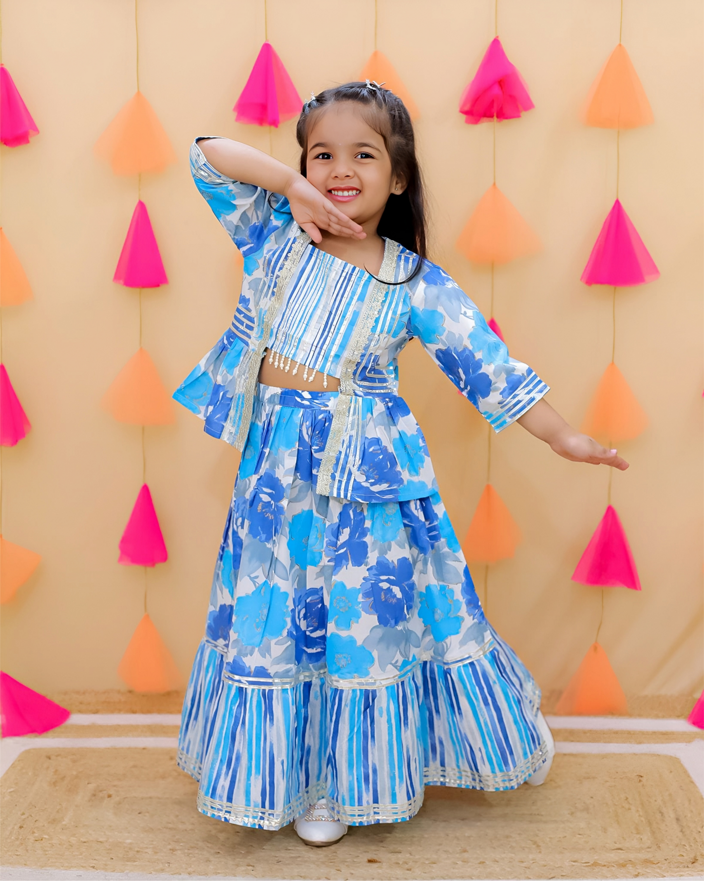 Festive Blue Sibling Outfit Set ~ Boys Kurta Pajama & Girls Lehenga Choli Combo