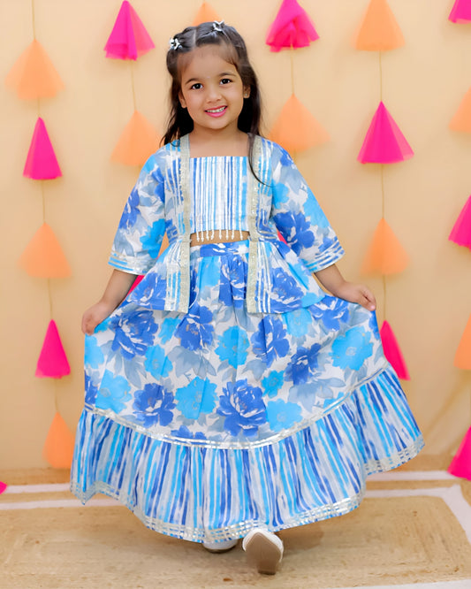 Girls Blue Floral Printed Lehenga Choli Set with Jacket – Festive Ethnic Wear