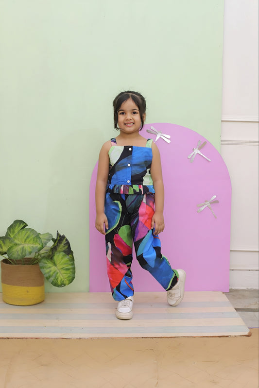 Girls Multicolor Abstract Print Sleeveless Jumpsuit – Casual Wear for Kids