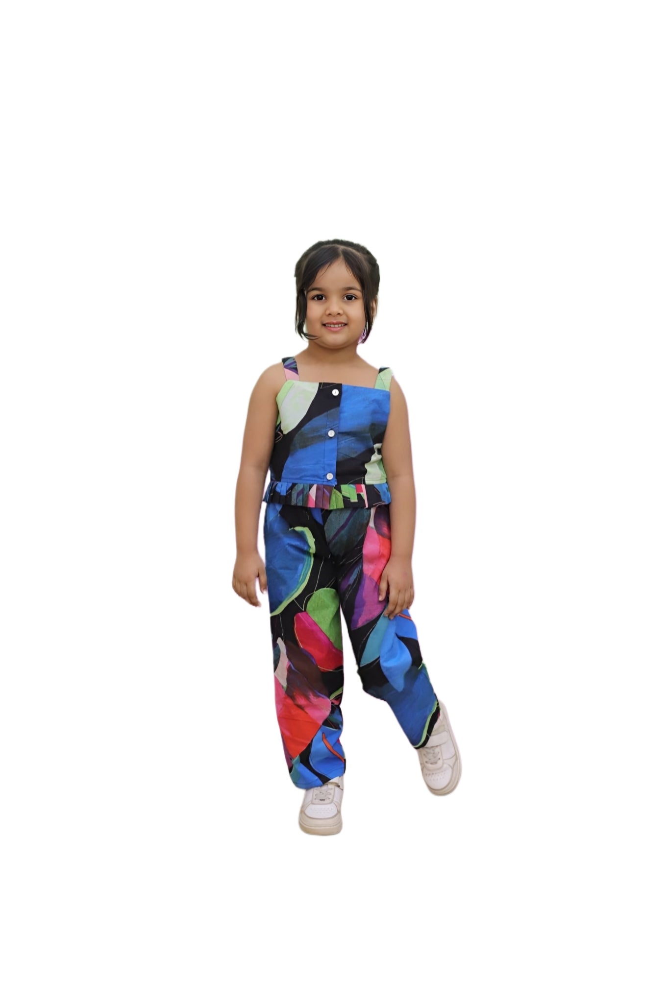 Girls Multicolor Abstract Print Sleeveless Jumpsuit – Casual Wear for Kids
