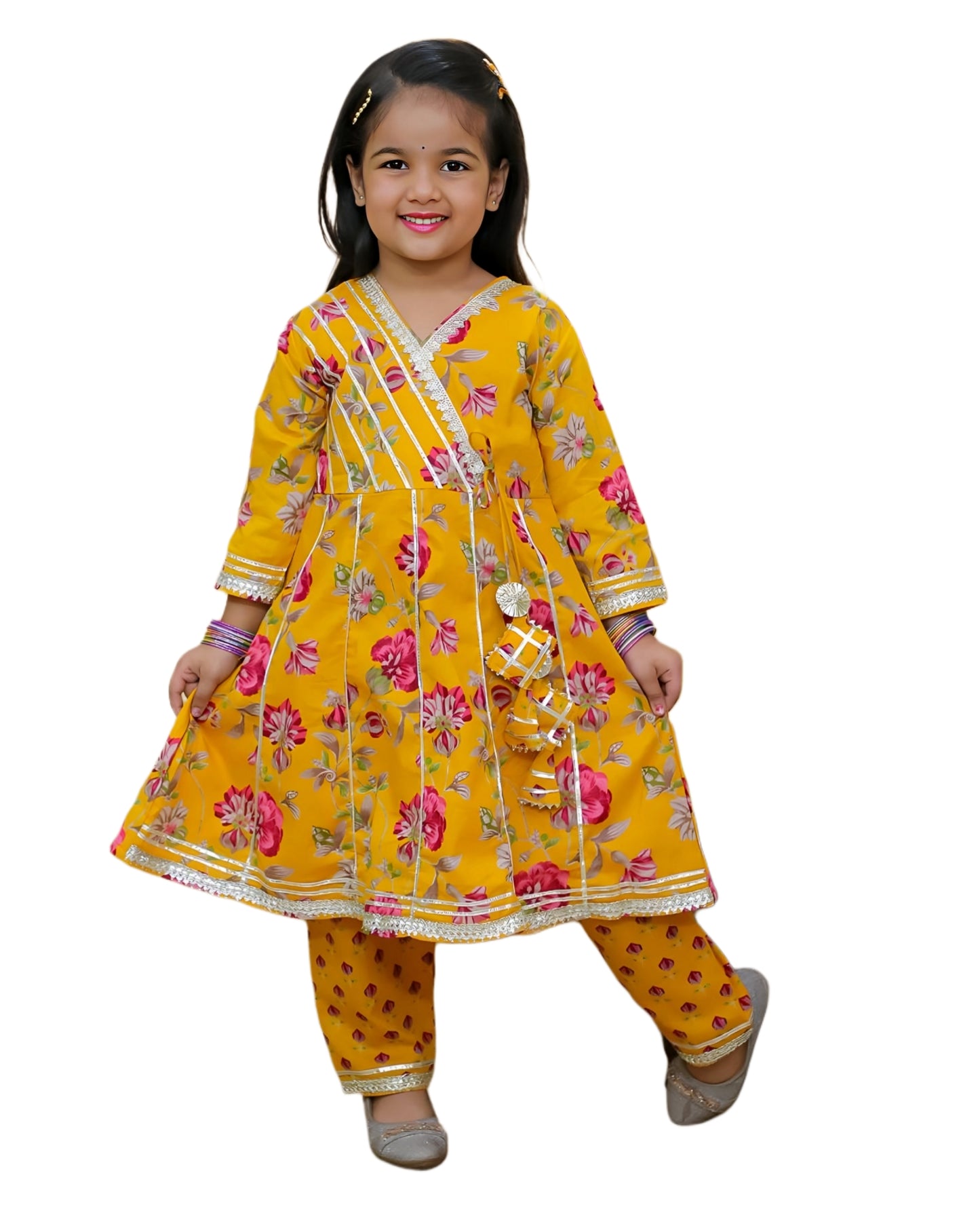 Girls Yellow Floral Anarkali Kurta Set with Pant – Ethnic Wear for Kids