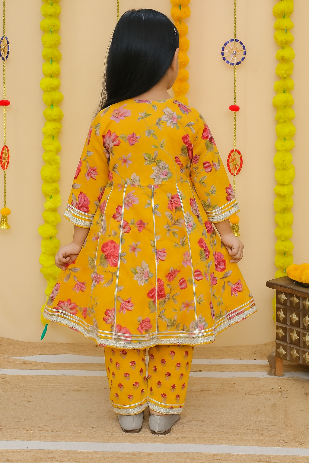 Girls Yellow Floral Anarkali Kurta Set with Pant – Ethnic Wear for Kids
