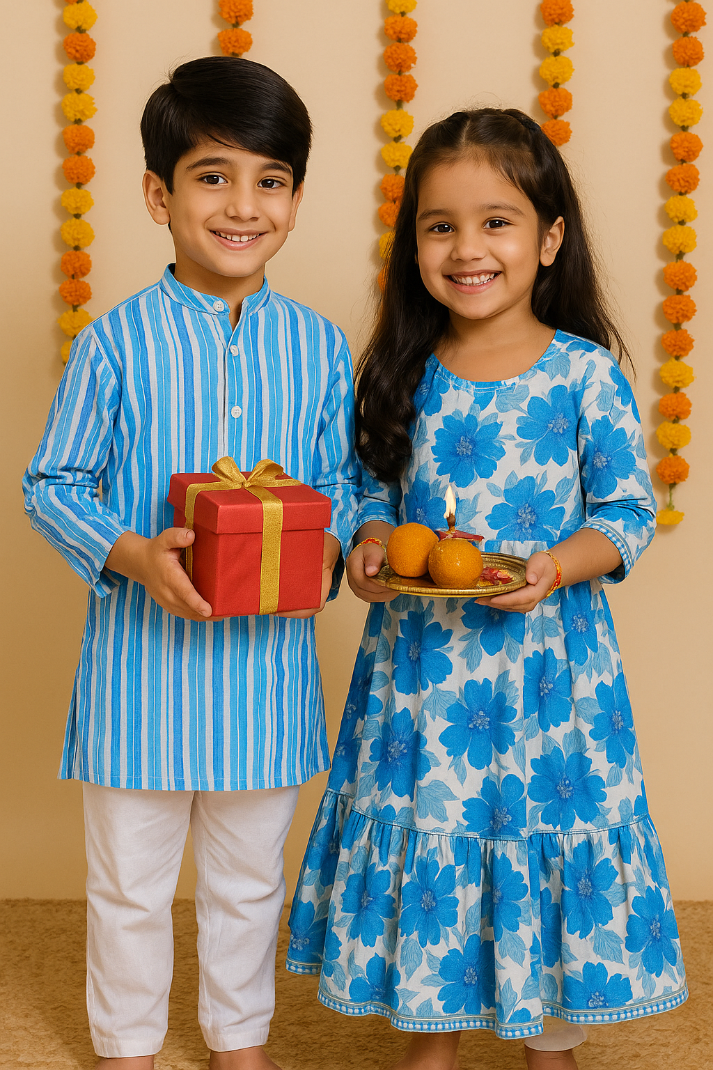 Festive Blue Sibling Outfit Set ~ Boys Kurta Pajama & Girls Lehenga Choli Combo